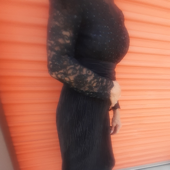 Daring Vtg 80s I magnin Midi lace sequin Bodice dress Plunge V Micro pleat skirt - Picture 6 of 11